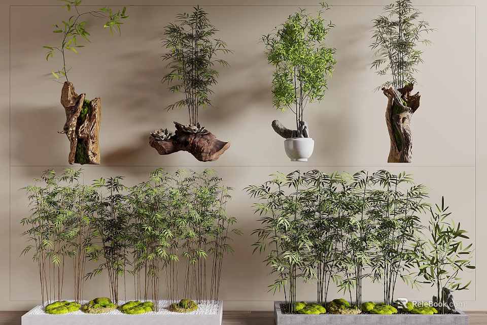 Decorative Bamboo Plants in Various Containers Including Tree Stumps and White Pots Arranged in Rows 3d model 