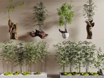 Decorative Bamboo Plants in Various Containers Including Tree Stumps and White Pots Arranged in Rows 3d model