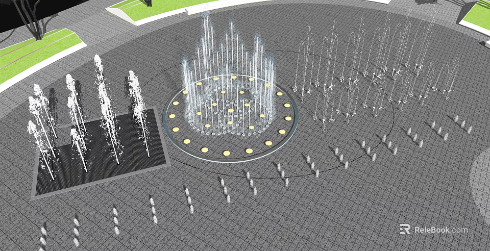 Circular Water Fountain With Illuminated Lights And Multiple Jets In Plaza Gray Paved Ground 3d model 