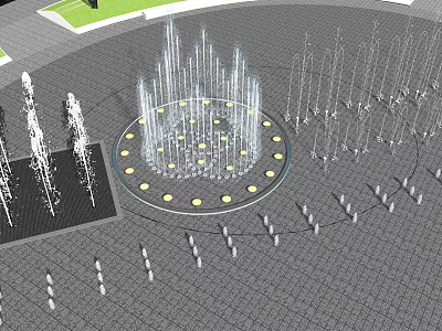 Circular Water Fountain With Illuminated Lights And Multiple Jets In Plaza Gray Paved Ground 3d model