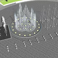 Circular Water Fountain With Illuminated Lights And Multiple Jets In Plaza Gray Paved Ground