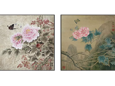 Traditional Chinese Botanical Paintings With Pink Peonies Butterflies Green Leaves And Branches 3d model