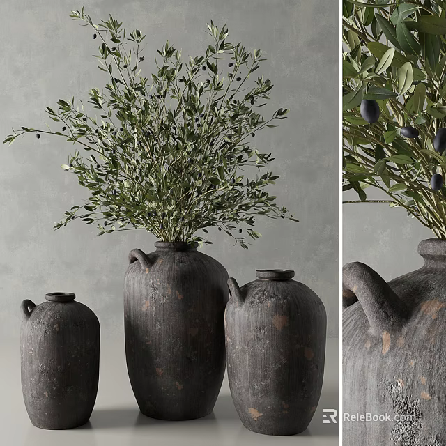 Dark Rustic Clay Vases with Olive Branches Green Leaves Black Olives Against Gray Background 3d model 