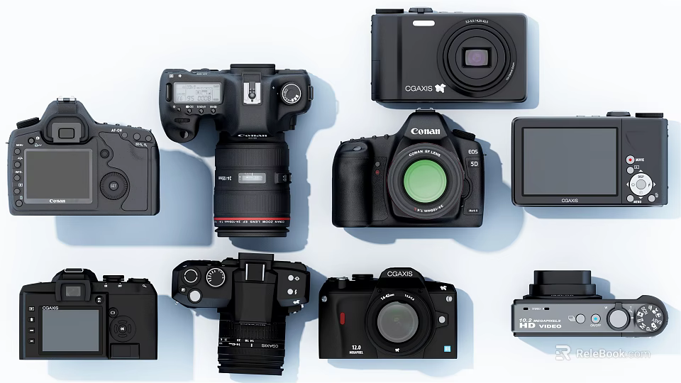 Various Digital Cameras Displaying Different Types Including DSLR Mirrorless Compact and Professional Models 3d model