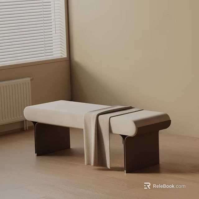Minimalist Modern Beige Upholstered Bed Bench With Wooden Legs And Throw Blanket 3d model 
