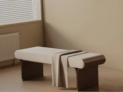 Minimalist Modern Beige Upholstered Bed Bench With Wooden Legs And Throw Blanket 3d model