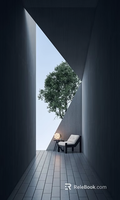 Opening Between Dark Walls Revealing Green Tree White Chair Round Lamp And Blue Sky 3d model 