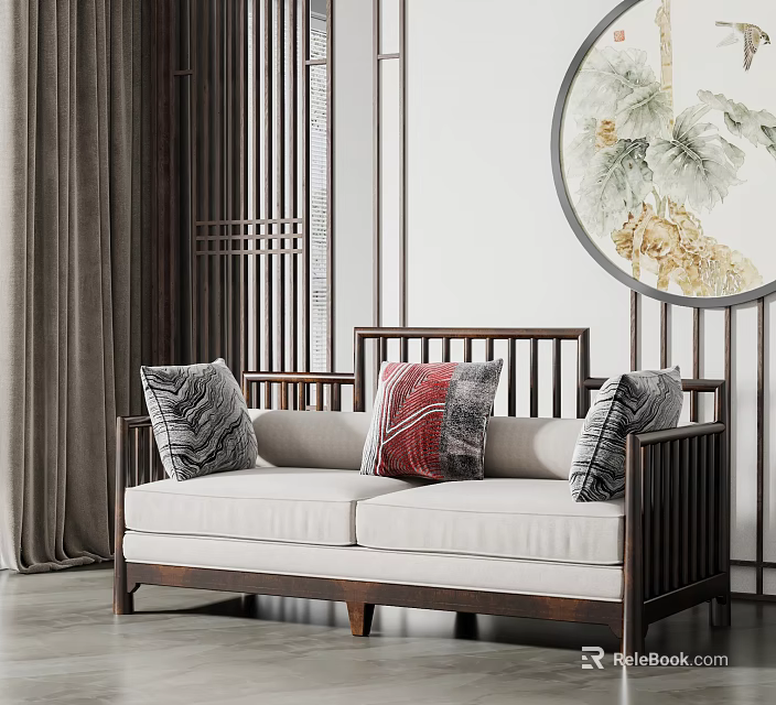 Chinese Style Two Seater Sofa With Wooden Frame Patterned Cushions And Circular Wall Art 3d model 