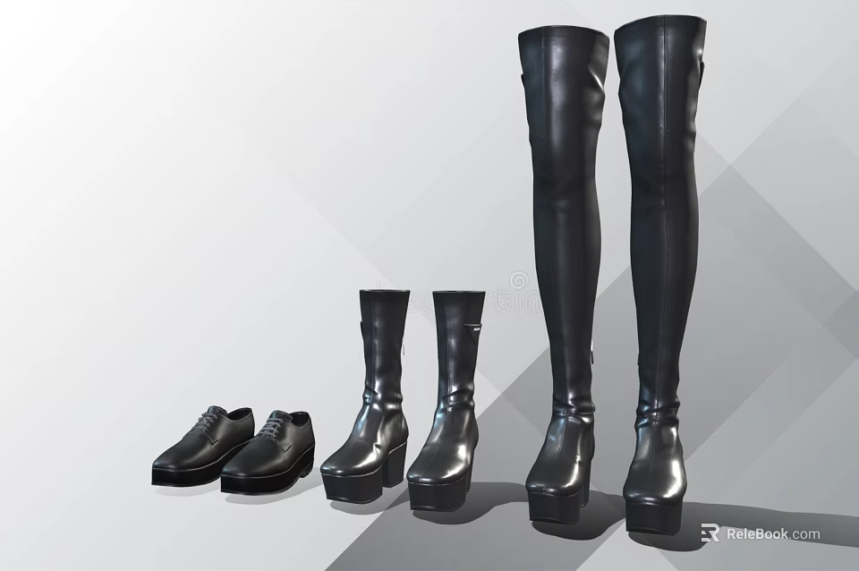 Black Leather Shoes Featuring Ankle Mid Calf Over Knee Boots With Platform Soles 3d model 