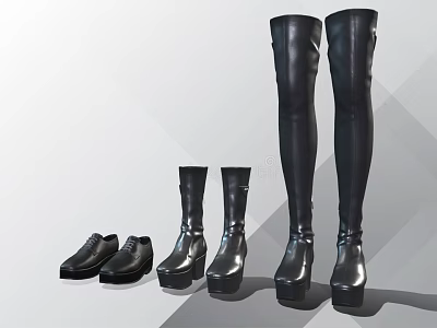Black Leather Shoes Featuring Ankle Mid Calf Over Knee Boots With Platform Soles 3d model