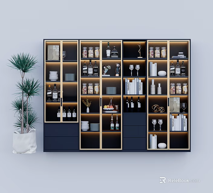 Modern Style Display Cabinet With Glass Doors Drawers And Assorted Decorative Items 3d model