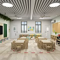 Kindergarten Classroom Interior With Wooden Tables Chairs Piano Green Plants And Toys