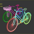 Two White Bicycles With Red Seats Handlebars And Front Basket On Gray Background