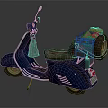 Dark Blue Scooter With Brown Seat Light Colored Bag Black Basket And Tire