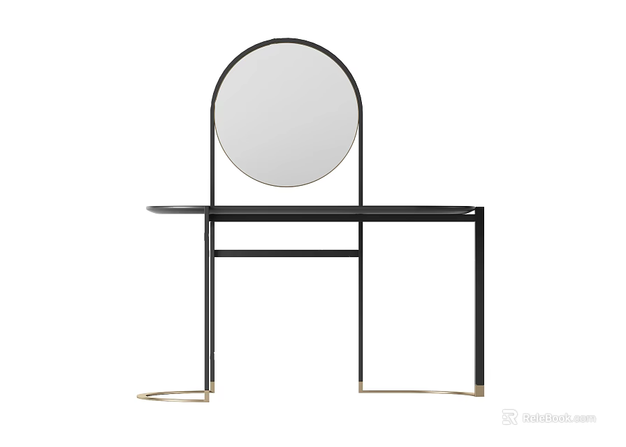 Modern Dressing Table With Round Mirror Black Frame And Gold Legs 3d model 