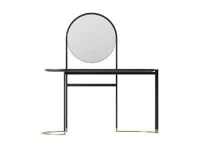 Modern Dressing Table With Round Mirror Black Frame And Gold Legs 3d model