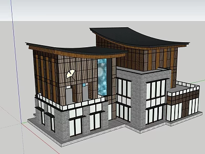 Modern Commercial Complex Architecture With Black Roof Wooden Structure And Glass Curtain Wall 3d model
