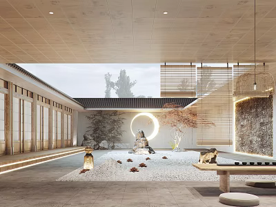 Karesansui Zen Garden Design Featuring Moon Gate Dry Gravel Stone Lantern And Maple Tree 3d model