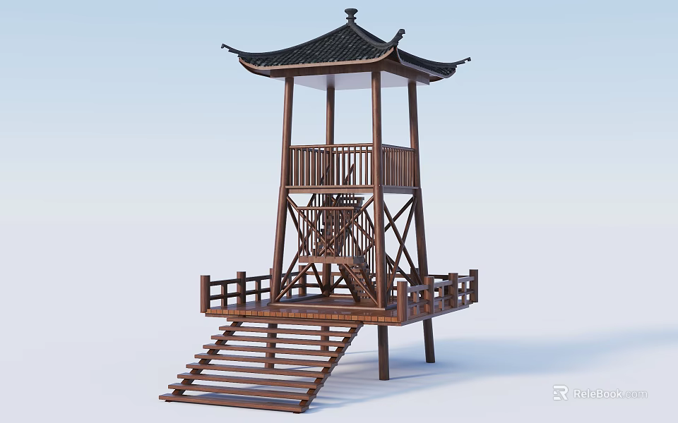 Traditional Chinese Style Pavilion With Wooden Structure Black Roof And Staircase Platform Design 3d model 