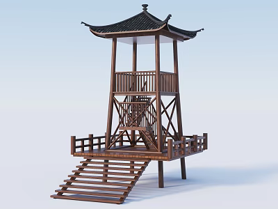 Traditional Chinese Style Pavilion With Wooden Structure Black Roof And Staircase Platform Design 3d model