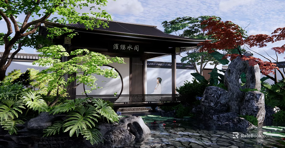Traditional Chinese Garden Pavilion with Round Moon Gate Lush Greenery Rockery and Pond 3d model 