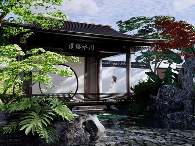 Traditional Chinese Garden Pavilion with Round Moon Gate Lush Greenery Rockery and Pond 3d model