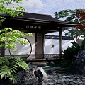 Traditional Chinese Garden Pavilion with Round Moon Gate Lush Greenery Rockery and Pond