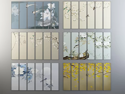 Nature Inspired Plant Paintings With Floral Bird Elements And Multi Panel Design 3d model
