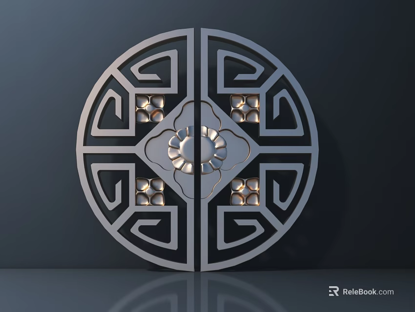 Decorative Circular Metal Door Handle With Symmetrical Geometric Patterns And Central Floral Design 3d model 