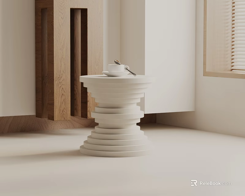 White Layered Cylindrical Side Table With Wooden Cabinet In Modern Interior Space 3d model 