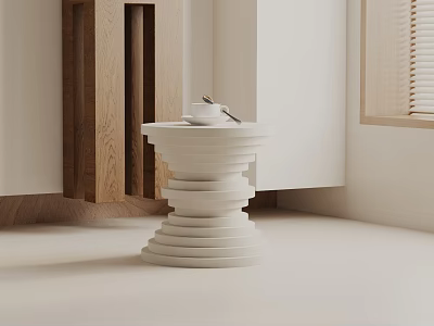 White Layered Cylindrical Side Table With Wooden Cabinet In Modern Interior Space 3d model