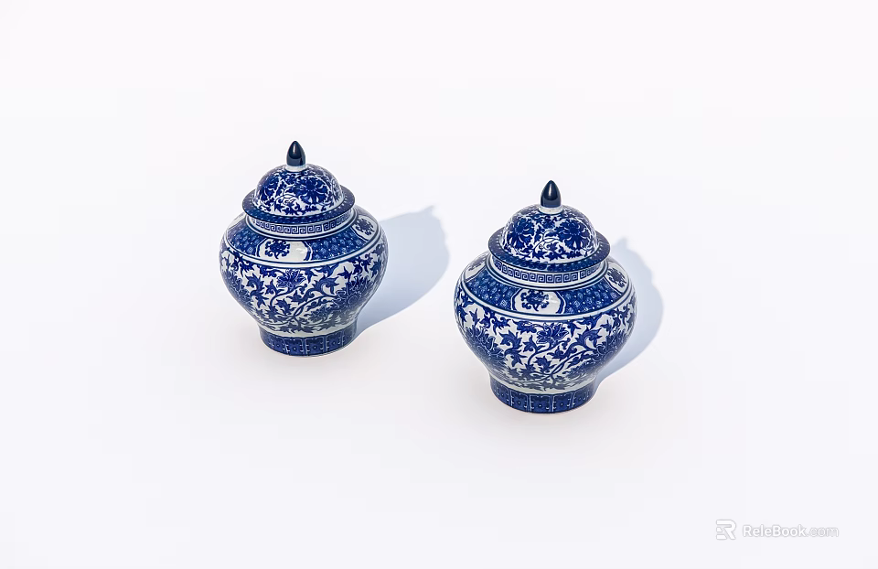 Pair of Blue and White Ceramic Jars with Intricate Floral Patterns and Lids 3d model 