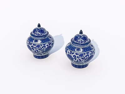 Pair of Blue and White Ceramic Jars with Intricate Floral Patterns and Lids 3d model