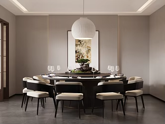 New Chinese Restaurant Box Dining Table and Chair Combination Tableware Chandelier 3d model