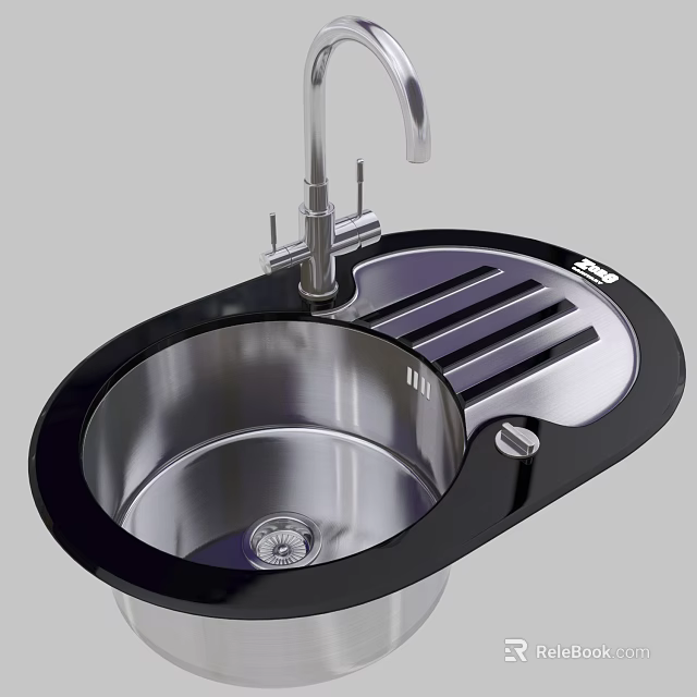 Stainless Steel Kitchen Sink With Round Bowl Black Rim And Drainboard Faucet 3d model 