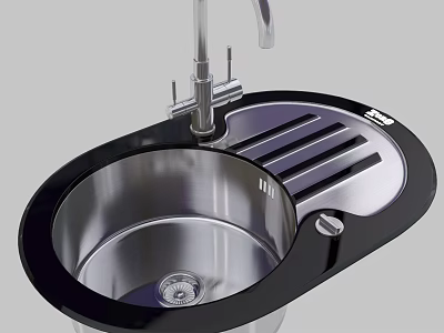 Stainless Steel Kitchen Sink With Round Bowl Black Rim And Drainboard Faucet 3d model