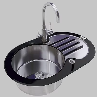Stainless Steel Kitchen Sink With Round Bowl Black Rim And Drainboard Faucet 3d model