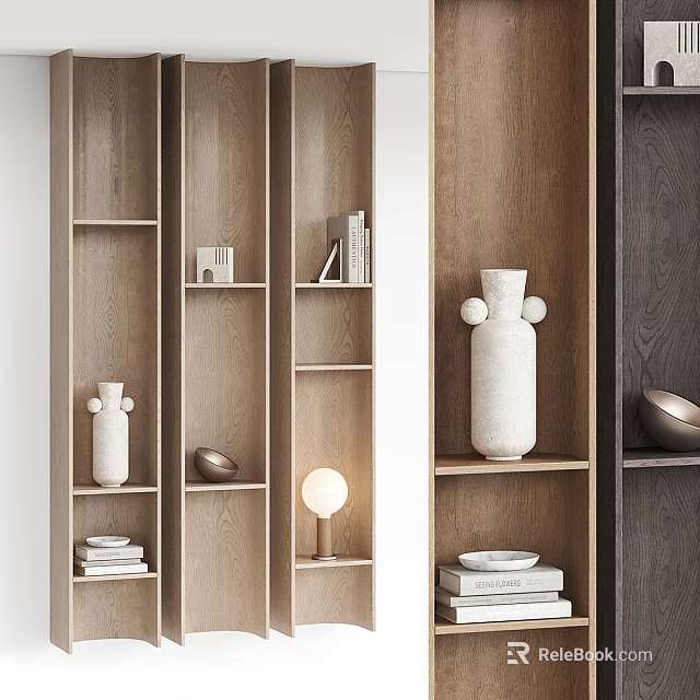 Modern Wooden Decorative Cabinet With Open Shelves Vases Books And Table Lamp 3d model 