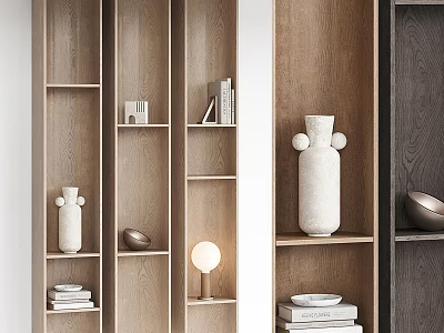 Modern Wooden Decorative Cabinet With Open Shelves Vases Books And Table Lamp 3d model