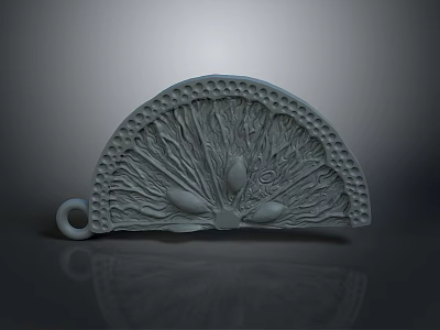 Gray Fan Shaped Decorative Clothing Accessory With Intricate Leaf Vein Texture And Fruit Elements 3d model