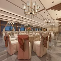 Chinese Style Banquet Hall Interior With Chandeliers Tables Chairs And Red Decorations