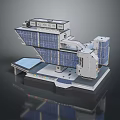 Cartoon Space Station Model with Multiple Modules Solar Panels Gray Blue Tones and Platform Structure 3d model