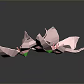 Several Pink Paper Flowers with Delicate Petals on Black Background and Shiny Reflections