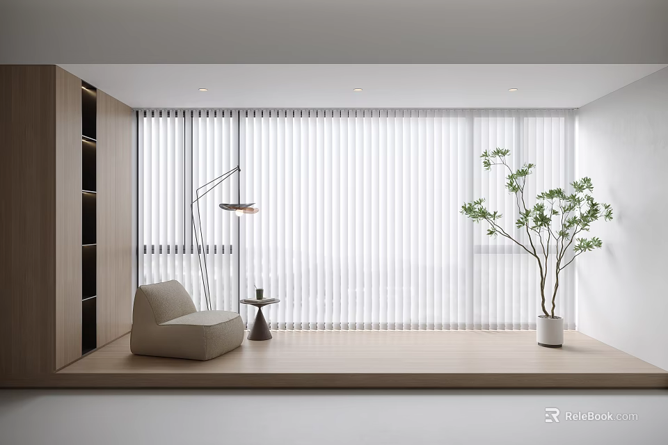White Vertical Curtains in Modern Minimalist Living Room With Floor Lamp Chair And Green Plant 3d model 
