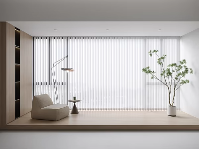 White Vertical Curtains in Modern Minimalist Living Room With Floor Lamp Chair And Green Plant 3d model