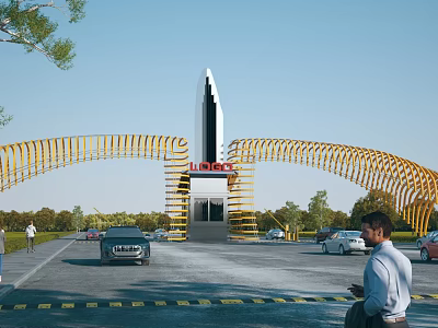 JINHE Entrance Gate with Golden Curved Design and Cars Pedestrians Under Blue Sky Trees 3d model