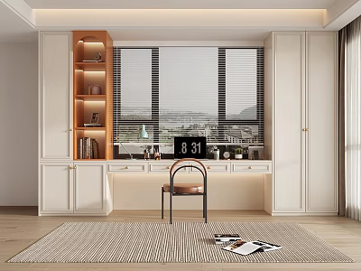 Modern White Bookcase In Bright Room With Window Desk Chair Rug And Magazines 3d model