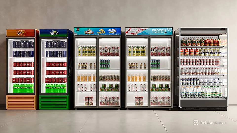 Commercial Refrigerators Display Variety Beverages In Retail Store With Colorful Doors 3d model 