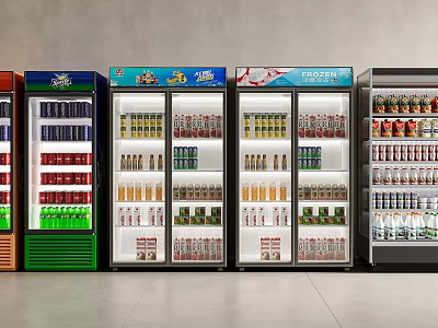 Commercial Refrigerators Display Variety Beverages In Retail Store With Colorful Doors 3d model