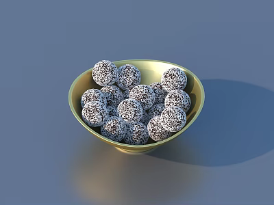 White Powdered Round Treats in Golden Bowl for Delicious Snacking 3d model